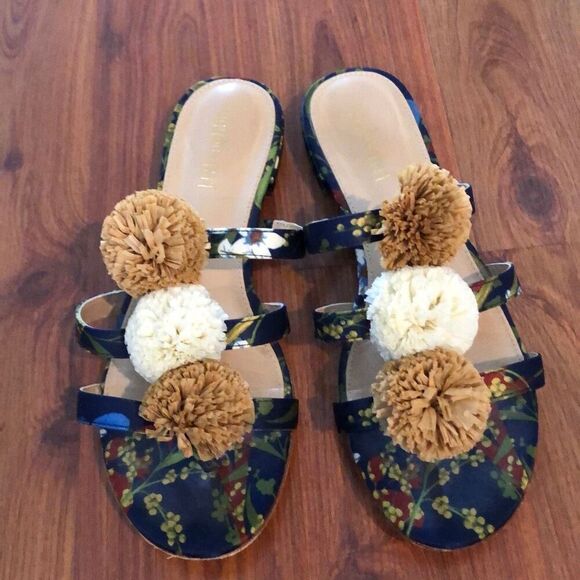 J McLaughlin Floral raffia pom-pom sandals navy tan size 8 - Picture 1 of 8